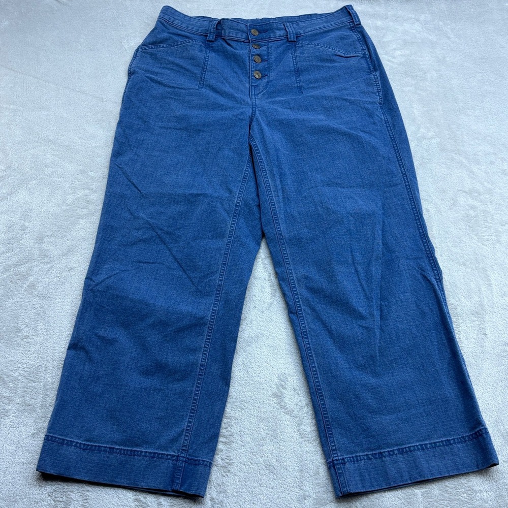 Duluth Trading Co Wide Leg Pants Womens 12 Blue Ripstop Denim Button Fly Cropped